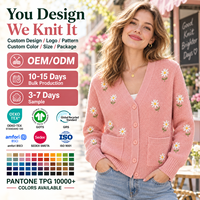 Cardigan personnalisé pour femme, broderie florale, col en V, boutonné, manches longues, cardigan en tricot pour femme avec poches, OEM ODM