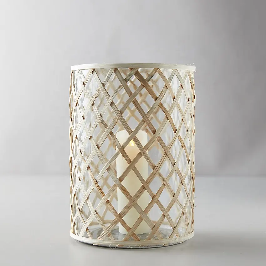 Low Price Home Decor Bamboo & Glass Pillar Candle Holder