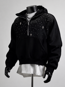 Cleanfit Half Zipper Heavy Deconstruction Sweater Hommes <span class=keywords><strong>American</strong></span> Style Stiff Boxy Short Stitching Hoodie Jacket - Product Image 3