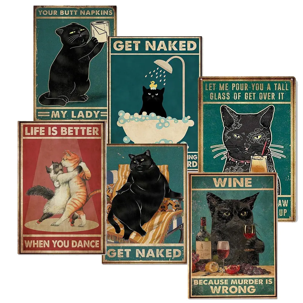 Diskon besar Poster Vintage tanda toilet Amazon seri kucing lucu hitam kaleng logam grosir kerajinan lukisan Poster kustom 8x12 inci