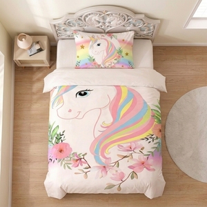 Single Size Unicorn <strong>Duvet</strong> Cover Set Rainbow Unicorn Print Bedding Set for <strong>Toddler</strong> Girls - Product Image 3
