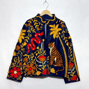 Blue Floral Embroidered Reversible 100% Cotton V-neck Women <b>Robe</b> <b>Long</b> <b>Kimono</b> Bathrobe Belted Wrap Housecoat Lounge Wear Handmade - Product Image 1