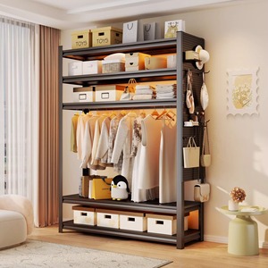 <span class=keywords><strong>Armario</strong></span> Plegable Convertible de Acero con 3 Estantes, Perchero para Dormitorio, Resistente al Polvo, Tela Gruesa, Estilo Minimalista para el Hogar - Product Image 5