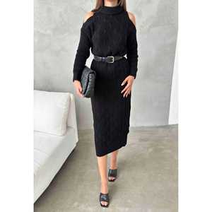 Robe en tricot ceinturée noire, robe pull midi décontractée avec ceinture et poches - Product Image 2