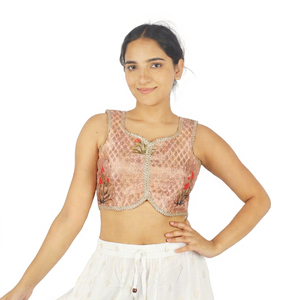 Blusa Corta sin Mangas con Cuello en V para Mujer, Bordada con Flores Rosas, 100% Seda Tejida, para Lehenga Choli, Ropa de Fiesta - Product Image 1