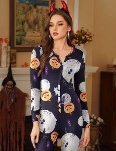 Combinaison <span class=keywords><strong>de</strong></span> <span class=keywords><strong>pyjama</strong></span> à manches longues pour femmes, avec boutons, 95% polyester, 5% élasthanne, motif citrouille, crâne, fantôme - Product Image 4