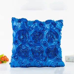 Luxury Fancy 3D Flower Rosette Satin Royal Blue Throw Sofa Cushion Cover For Home Hotel