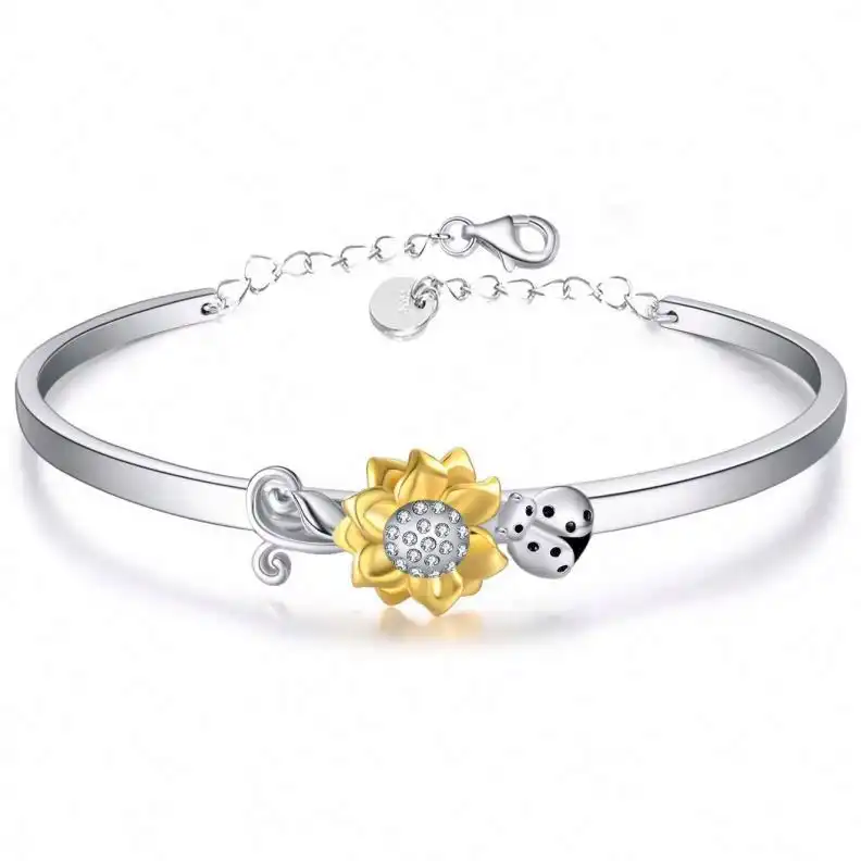 925 Sterling Silver Daisy Sunflower Bangle Bracelet Ladybug Cuff Bracelets For Women Jewelry