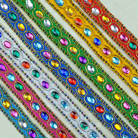 Acrylique Gemme Tricoté Polyester Dentelle Tissu Vêtements À La Main Diamant Cristal Ruban 3cm Perlé Costume De Danse Folklorique Ttrimming