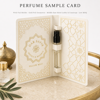 Carte d'échantillon de parfum avec support pour flacon pour hall d'hôtel et conciergerie au Moyen-Orient, faible MOQ, cartes géométriques à dorure à chaud