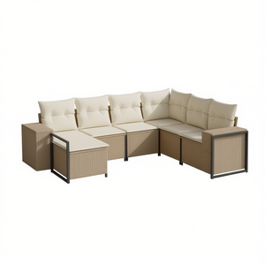Ensemble de canapés de jardin modernes en rotin beige, meubles d'extérieur avec coussins en mousse haute densité, design contemporain - Product Image 1