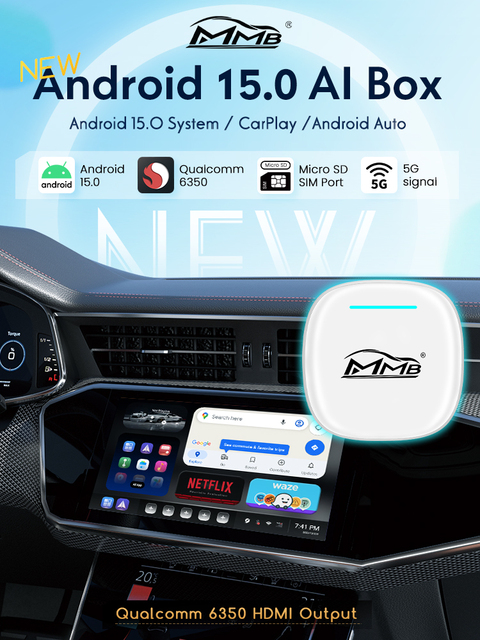 JoyeAuto MMB AI Box - Wireless CarPlay & Android Auto, YouTube & Netflix Streaming | Plug & Play Adapter