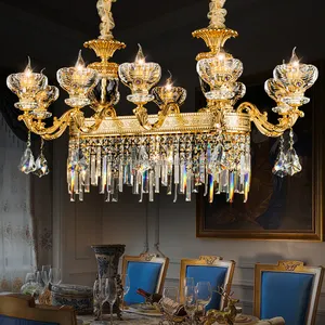 Aleación de zinc francés Cristal de lujo Cocina Europea Comedor Mesa larga Vela dorada Lámpara colgante