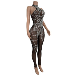 ชุดจั๊มสูทตาข่ายลายใยแมงมุมประดับเพชร สำหรับงานปาร์ตี้ไนต์คลับ ชุดบอดี้<span class=keywords><strong>สูท</strong></span>ผู้หญิง ชุดนักเต้นโชว์ลาสเวกัส ชุดรอมเปอร์รัดรูป - Product Image 2