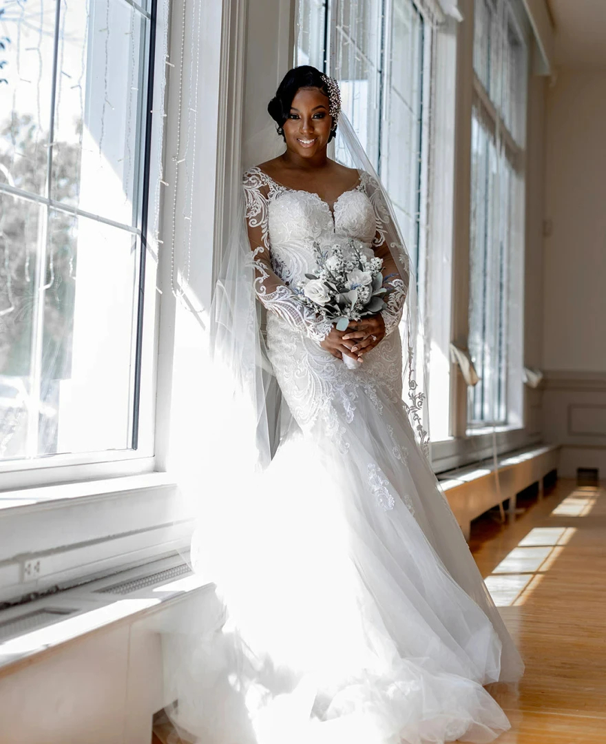 chinese dress ladies Long Sleeves Scoop Neck Sweep Train Lace Boho Wedding Dress 2024 Ivory / 2