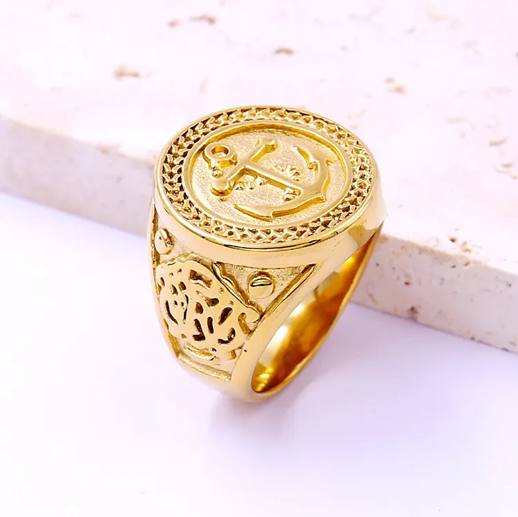 Punk Vintage Hot Selling Design Schmuck 18 Karat Gold Sovereign Herren Ring Chevaliere Homme Edelstahl Anker Schmuck Herren Ring