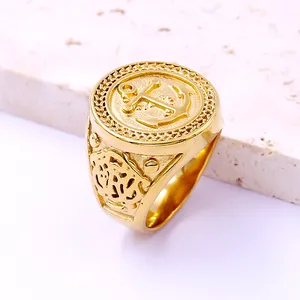 Punk Vintage Hot Selling Design Jewelry 18k Gold Sovereign Men's Ring Chevaliere Homme Stainless Steel Anchor Jewelry Men Ring