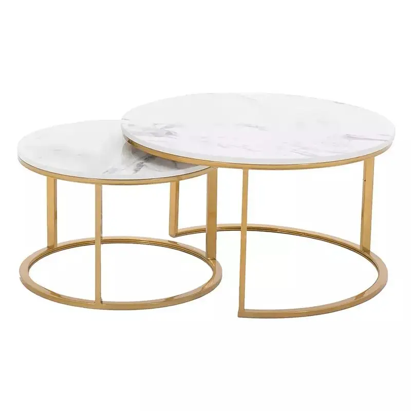 Sarang meja kopi kayu 3 Set meja Nesting, Meja emas sisi logam kaca marmer batu bulat kontemporer bengkok hitam