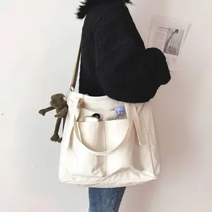 दोहरे उपयोग जापान शैली पार शरीर एकल कंधे पट्टियाँ बाहर जेब के साथ निविड़ अंधकार बड़ी क्षमता कैनवास शॉपिंग बैग ले जाना