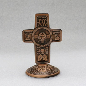 Antiek zinken orthodox tafelkruis met reliëf, heilig icoon, staand kruisbeeld, religieus auto-decoratie beeldje, groothandel - Product Image 2