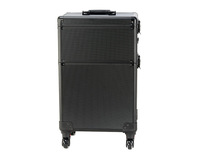 Valise de maquillage à roulettes en aluminium noir, grande capacité, avec fermeture ouverte, pour salon de beauté
