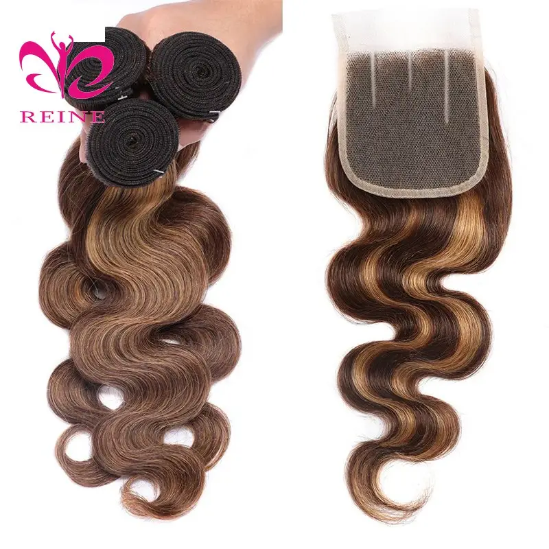 Honey Blonde Highlight Body Wave Bundles Cabello humano Brasileño P4/27 Ombre Brown Weave para mujeres Piano Colored Bundles Remy 10A