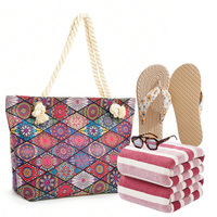 4 pièces bohème Kit de voyage d'été motif géométrique fourre-tout corde poignée tongs lunettes de soleil rayé serviette sac de plage ensemble pour femme