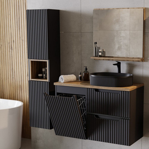 Meuble <span class=keywords><strong>de</strong></span> <span class=keywords><strong>salle</strong></span> <span class=keywords><strong>de</strong></span> <span class=keywords><strong>bain</strong></span> noir élégant <span class=keywords><strong>avec</strong></span> lavabo intégré, <span class=keywords><strong>armoire</strong></span> <span class=keywords><strong>de</strong></span> rangement pour <span class=keywords><strong>linge</strong></span> <span class=keywords><strong>avec</strong></span> <span class=keywords><strong>panier</strong></span> amovible - Product Image 1