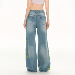 Jean <span class=keywords><strong>Femme</strong></span> Brodé Floral Jambe Large Bleu Clair Lavé Perles Ornées Vintage Baggy Denim Pantalon Bohème - Product Image 3