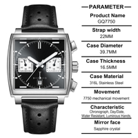 Montre mécanique en acier inoxydable avec logo personnalisé OEM pour hommes, chronographe, cadran à aiguilles, bracelet en cuir, emballage en boîte cadeau