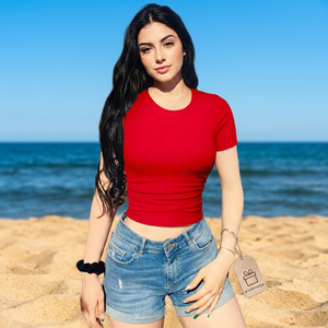 Women's <b>Red</b> Seamless <b>Crop</b> <b>Top</b> Short Sleeve Crew Neck Skinny Fit Solid Color Yoga Shirt for Gym Workout - Product Image 4