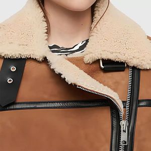 Premium Women <b>Brown</b> Suede B-3 Bomber Jacket Faux/Real Shearling Aviator Outerwear - Product Image 2