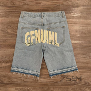Stile estivo personalizzato di alta qualità Shorts in Denim con diamanti da uomo Vintage Casual Hip Hop larghi lavati con orlo grezzo e strass - Product Image 4