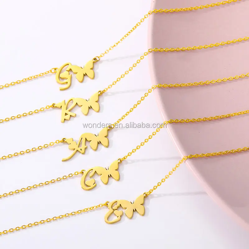 Initial Necklace Letter Heart Butterfly Necklace Jewelry Stainless Steel Gold Color