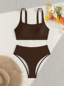 Women Brown Ribbed Bikini <b>Set</b> <b>Square</b> Neck High Waist 2 Piece Swimwear Stretch Knitted Beachwear - Product Image 1