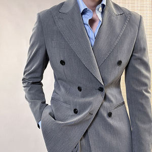 Vendita calda <span class=keywords><strong>doppiopetto</strong></span> abiti da lavoro classici da uomo nero a righe grigie abiti da sposa formali con cerniera pantaloni mosca - Product Image 2