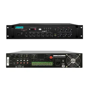 60W 100v 4-16欧姆4 Mic In 3 Aux In 1 Aux Out 6区寻呼音乐混音器放大器，带USB调谐器