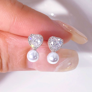 Korean Trendy 18k Gold Plated Waterproof Cubic Zirconia Pearl Heart Stud Earrings for Women - Product Image 1