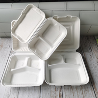 Boîte à lunch à 3 compartiments, 8 pouces, 9 pouces, boîte à lunch biodégradable en bagasse de canne à sucre, vaisselle, contenants alimentaires