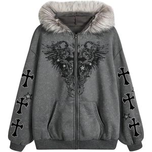 Veste polaire oversize zippée pour femme, style gothique, avec capuche en fourrure, ailes et croix, streetwear - Product Image 1