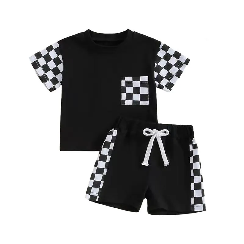 Traje de camiseta de estilo a cuadros de moda de alta calidad Conjunto de verano enérgico para conjuntos de ropa para niños