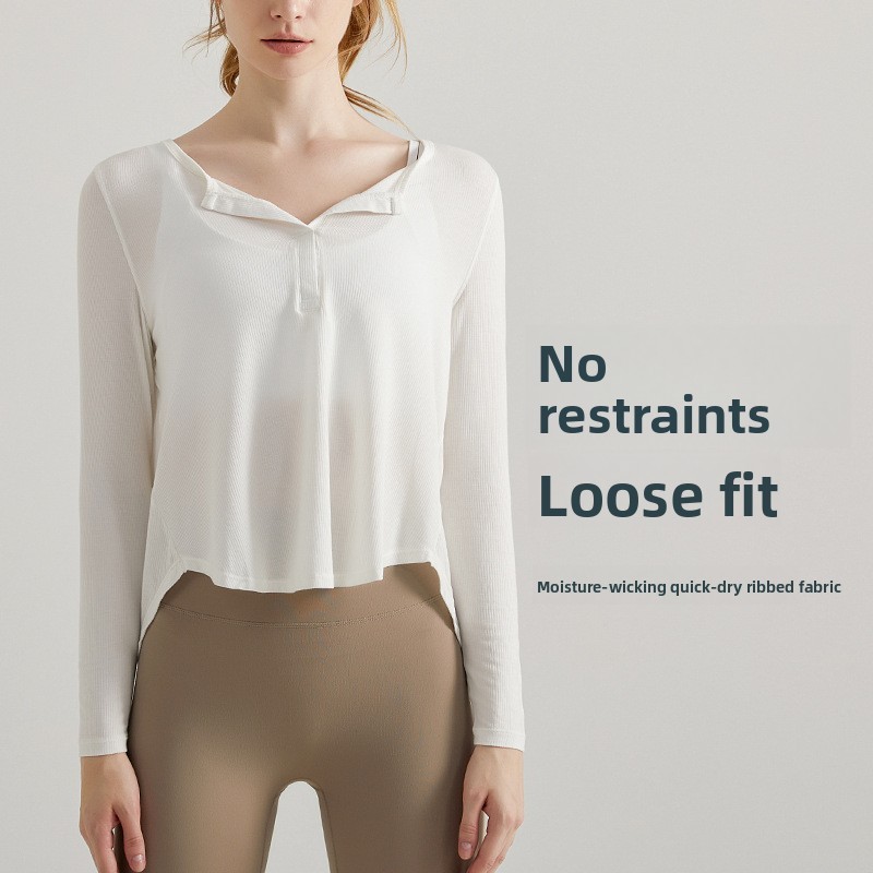 Spring Autumn Yoga Suit for Solid Long-sleeved Loose High-end Sense for Sweat-Wicking Open Collar Running Fitness Top Women
