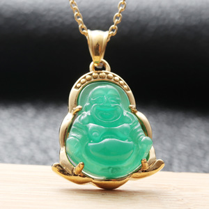 Collier pendentif Bouddha en acier inoxydable doré avec incrustation de jade vert, serti clos, bijou cadeau 27079 - Product Image 4