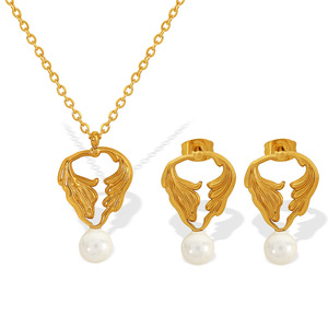 Women's Gold Heart Wing <b>Pearl</b> Necklace Earrings <b>Set</b> Everyday Wear - Product Image 5