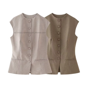 Nuevo Chaleco sin Mangas con Botones a Cuadros, Corte Ajustado, para Uso Diario, Moda Femenina - Product Image 2