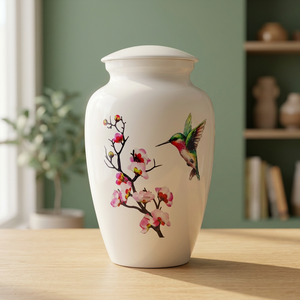 Urna de Cerámica Moderna con Diseño de Colibrí y Flor de Cerezo, Florero Decorativo Redondo para Ocasiones de Condolencia - Product Image 2