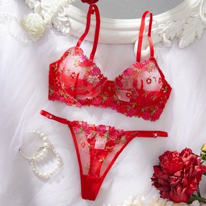 Ensemble de lingerie Yicheng en maille brodée de fleurs, soutien-gorge transparent et culotte <span class=keywords><strong>sexy</strong></span>, deux pièces - Product Image 2