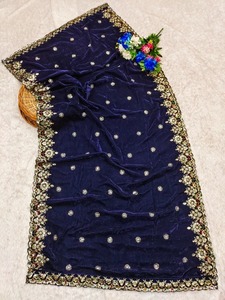 Châles en micro-velours bleu roi, brodés de sequins, style ethnique indien, pour mariée, en gros - Product Image 1