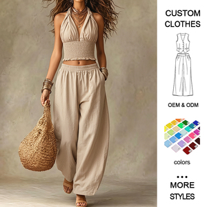 <span class=keywords><strong>Ensemble</strong></span> deux pièces pour femmes, style bohème d'été, débardeur à col halter court, associé à un pantalon en lin ample et évasé - Product Image 1