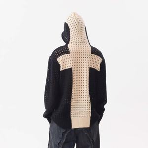 Suéter de punto al por mayor de manga larga con logo personalizado, chaqueta de lana con capucha y cremallera, diseño cruzado hueco y hombros caídos. - Product Image 5